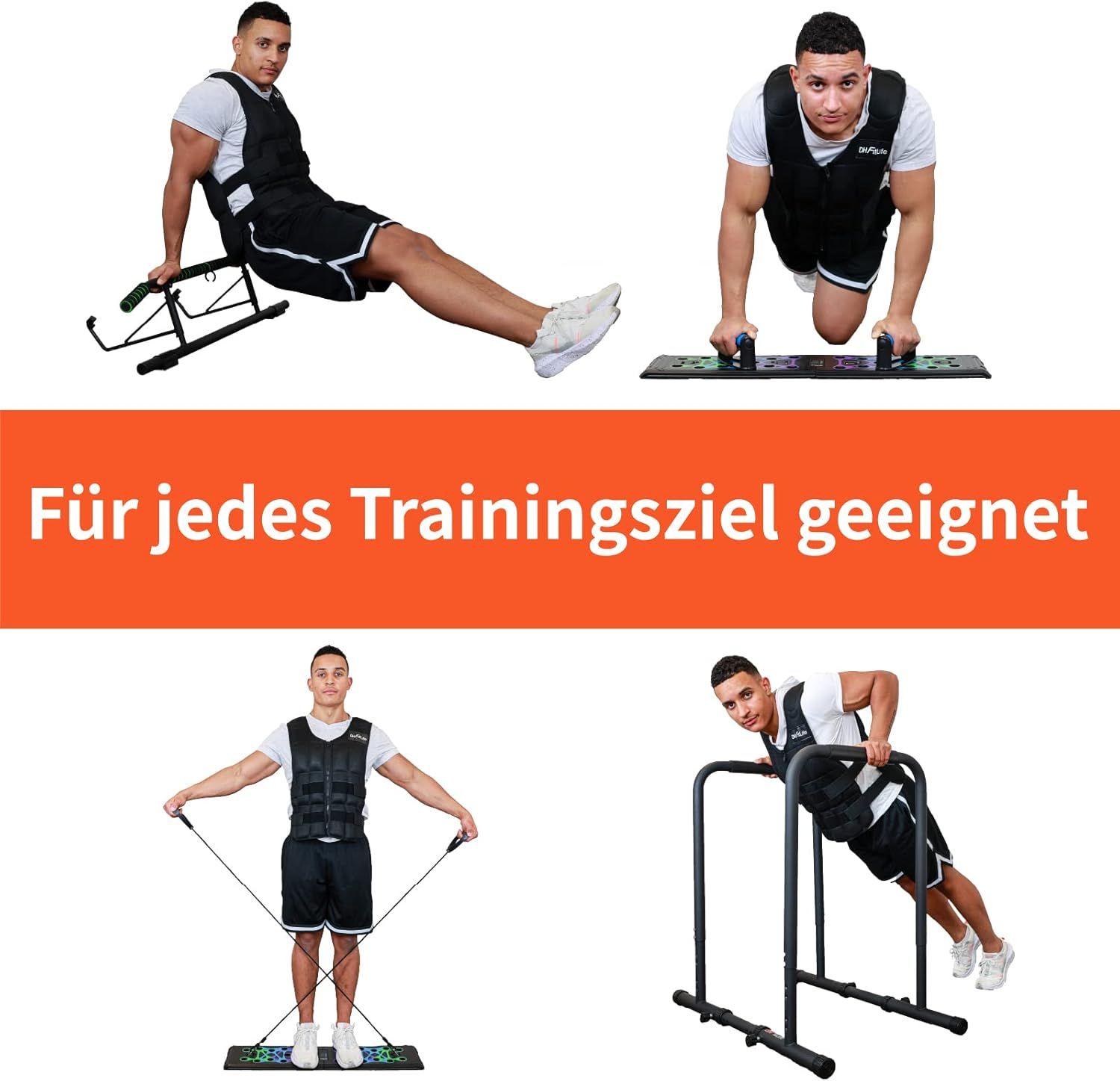 Verschiedene Trainingsübungen mit Gewichtsweste. Geeignet für jedes Trainingsziel. Mann beim Liegestütz, Rudern, etc.