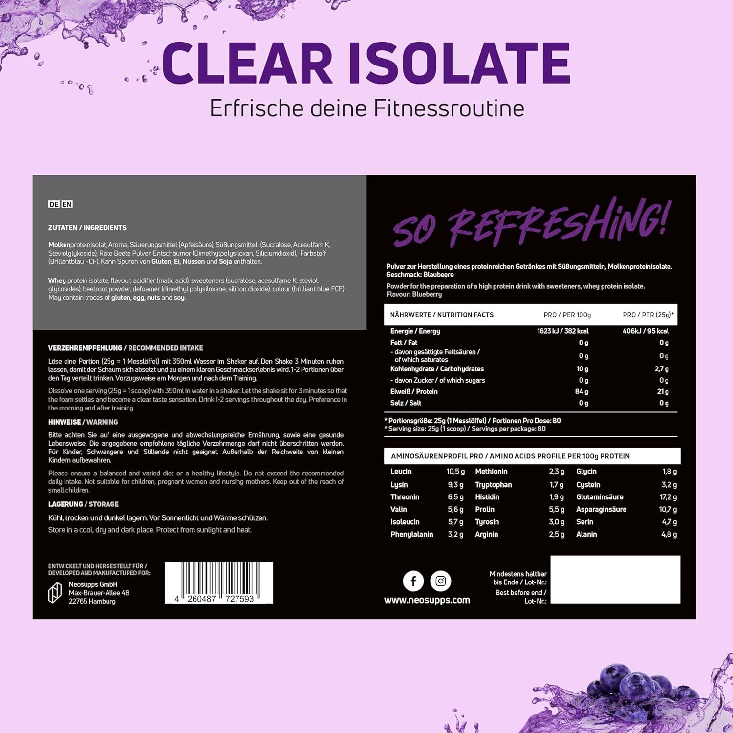 Rückseite des Neosupps Clear Isolate Protein Pulver Behälters mit Nährwertangaben und Zubereitung.