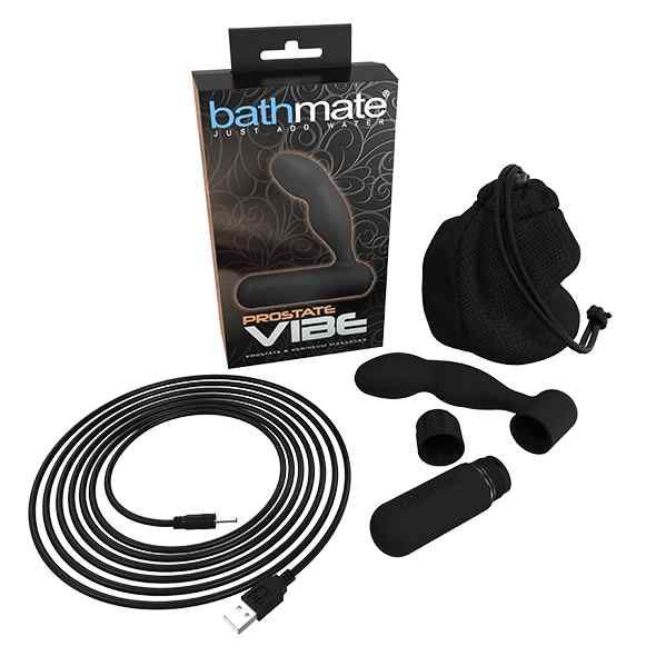 Verpackung mit Wellness-Produkt, Beutel, Kabel und Zubehör. Aufschrift "bathmate" und "Prostate Vibe".