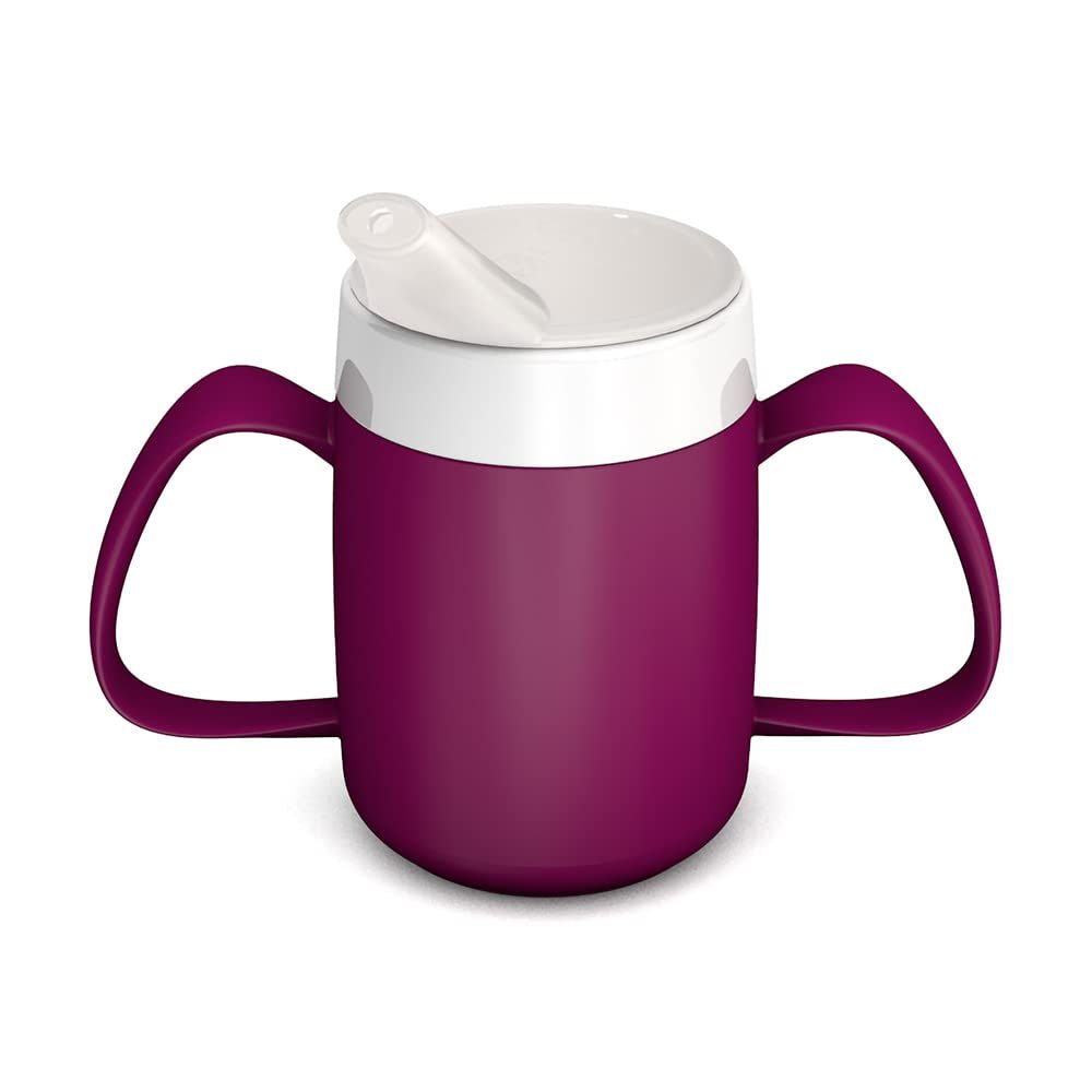 Becher mit zwei Henkeln, weißem Deckel und Trinkaufsatz. Der Becher ist lila.