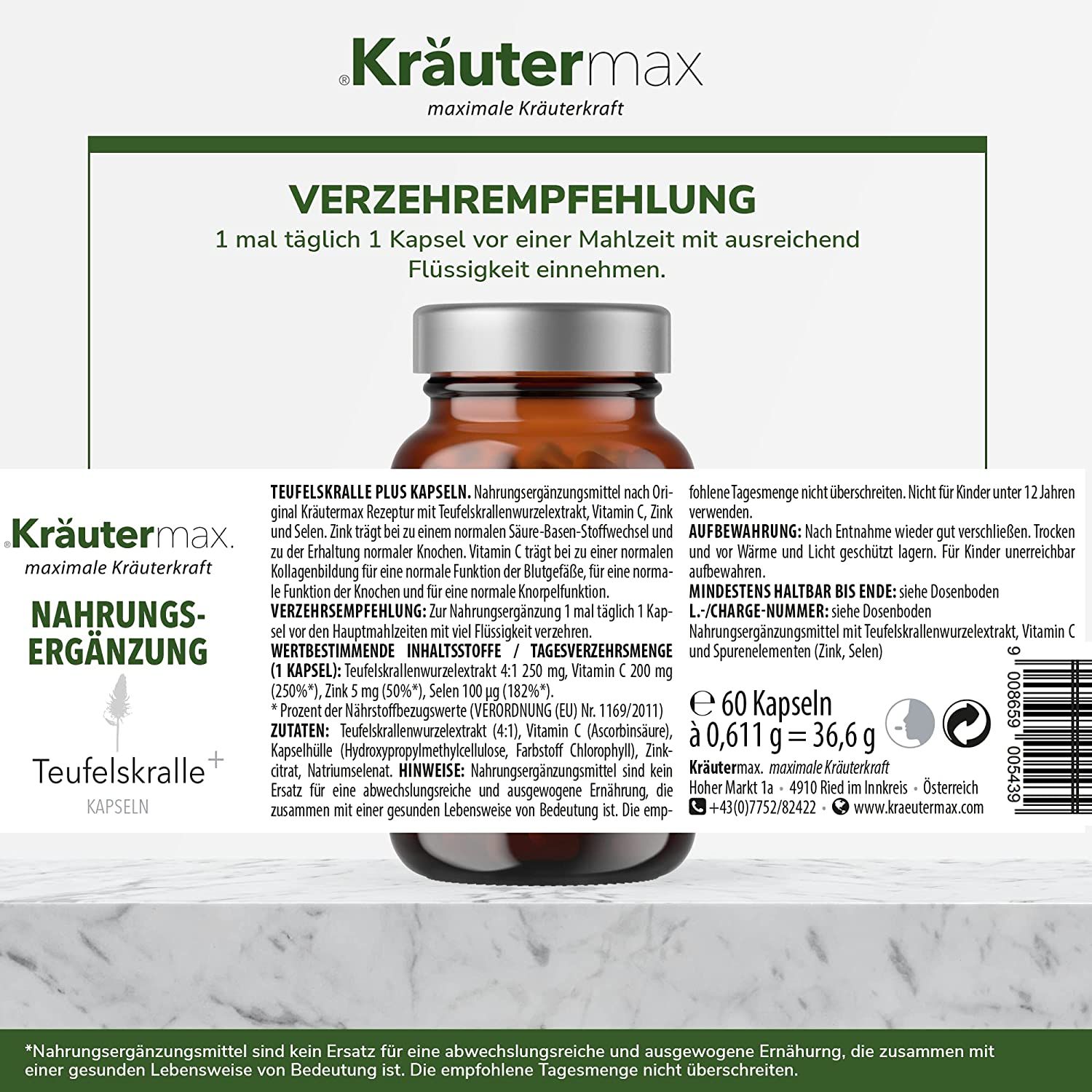 Nahaufnahme der Rückseite einer Flasche Kräutermax Teufelskralle Kapseln. Text: Nahrungsergänzung, Inhaltsstoffe, Verzehrempfehlung.