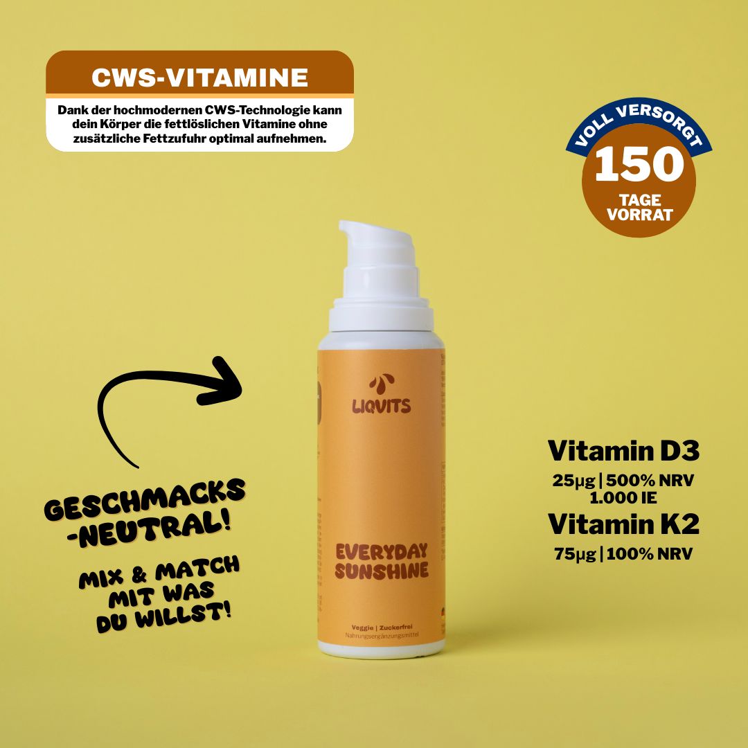 Gelbe Flasche mit weißem Pumpkopf. Aufschrift: Everyday Sunshine. Text: Vitamin D3, Vitamin K2.