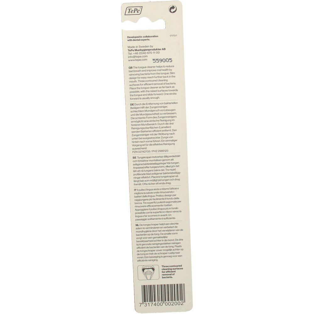 TePe Zungenreiniger-Verpackung. Weißes Etikett mit Produktinformationen und Barcode. TePe-Logo oben links.