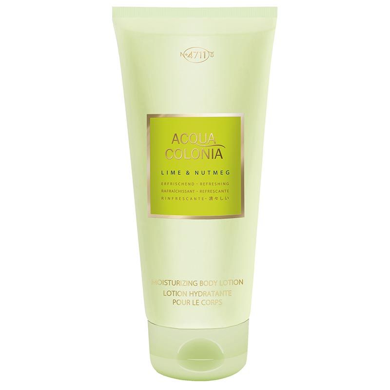 Hellgrüne Tube mit Produktinformationen. Aufschrift: Acqua Colonia Lime & Nutmeg, Feuchtigkeitsspendende Body Lotion.