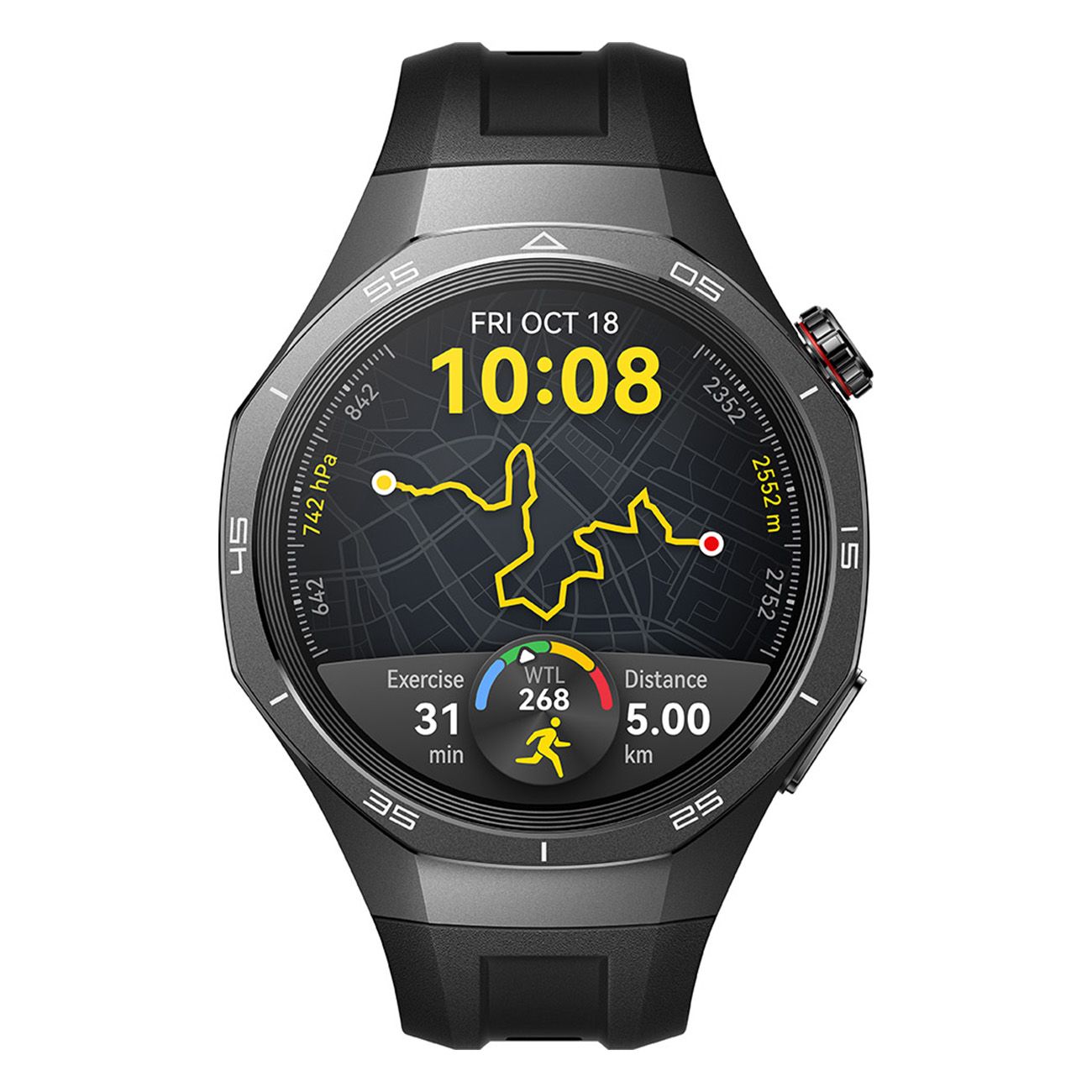 Schwarze Smartwatch mit rundem Zifferblatt. Zeigt Uhrzeit, Datum, Trainingsdaten und eine gelbe Streckenkarte. Schwarzes Armband.