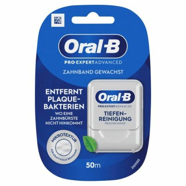 Blau-weiße Verpackung mit Oral-B Pro-Expert Advanced Zahnseide. Text: Entfernt Plaque-Bakterien, Tiefenreinigung, 50m. Mikrotextur-Symbol.