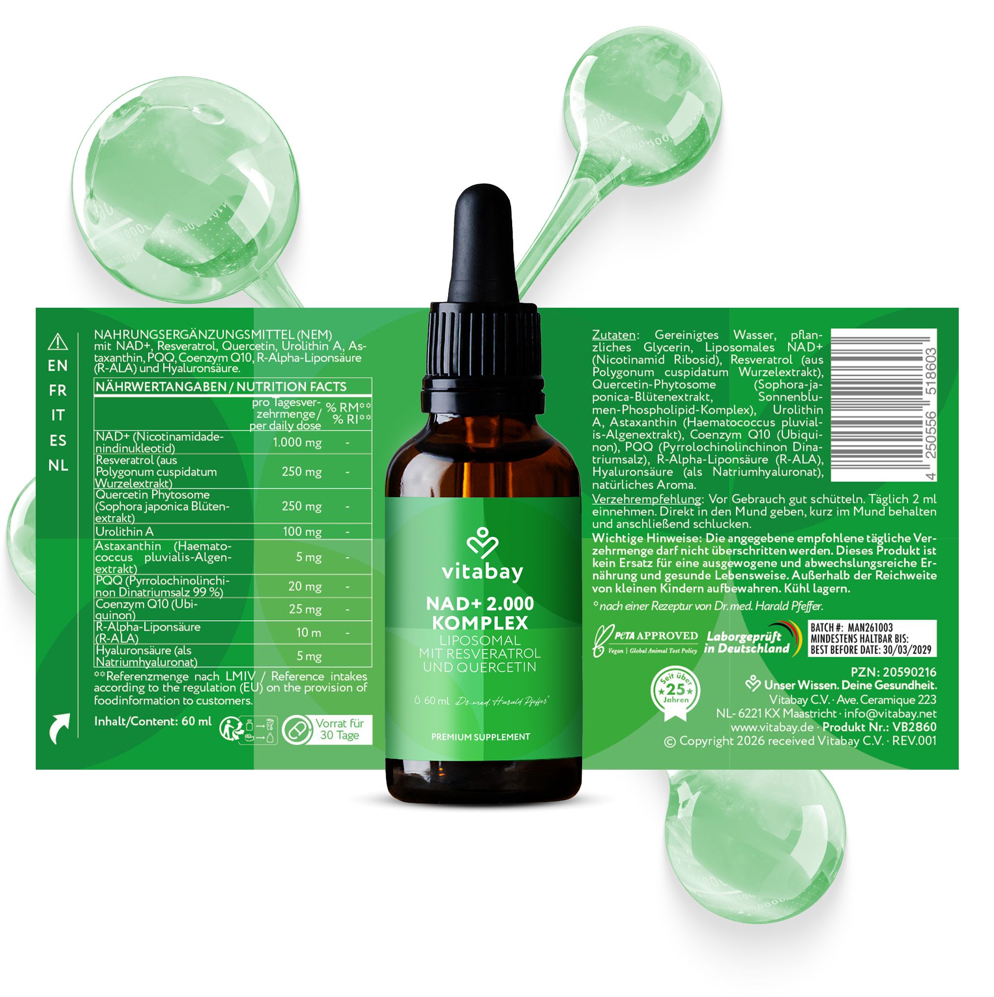 Vitabay NAD+ 2.000 Komplex Tropfflasche mit Pipette, 60 ml.