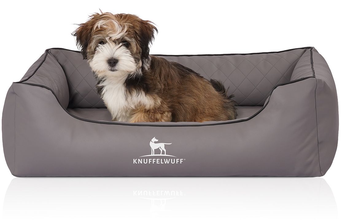 Graues Hundebett mit Hund. Gesteppte Liegefläche, erhöhter Rand. Logo: Knuffelwuff. Hund: braun-weiß.