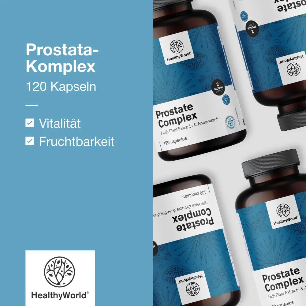 Mehrere Flaschen HealthyWorld Prostate Complex. Text: 120 Kapseln, Vitalität, Fruchtbarkeit. Logo HealthyWorld.