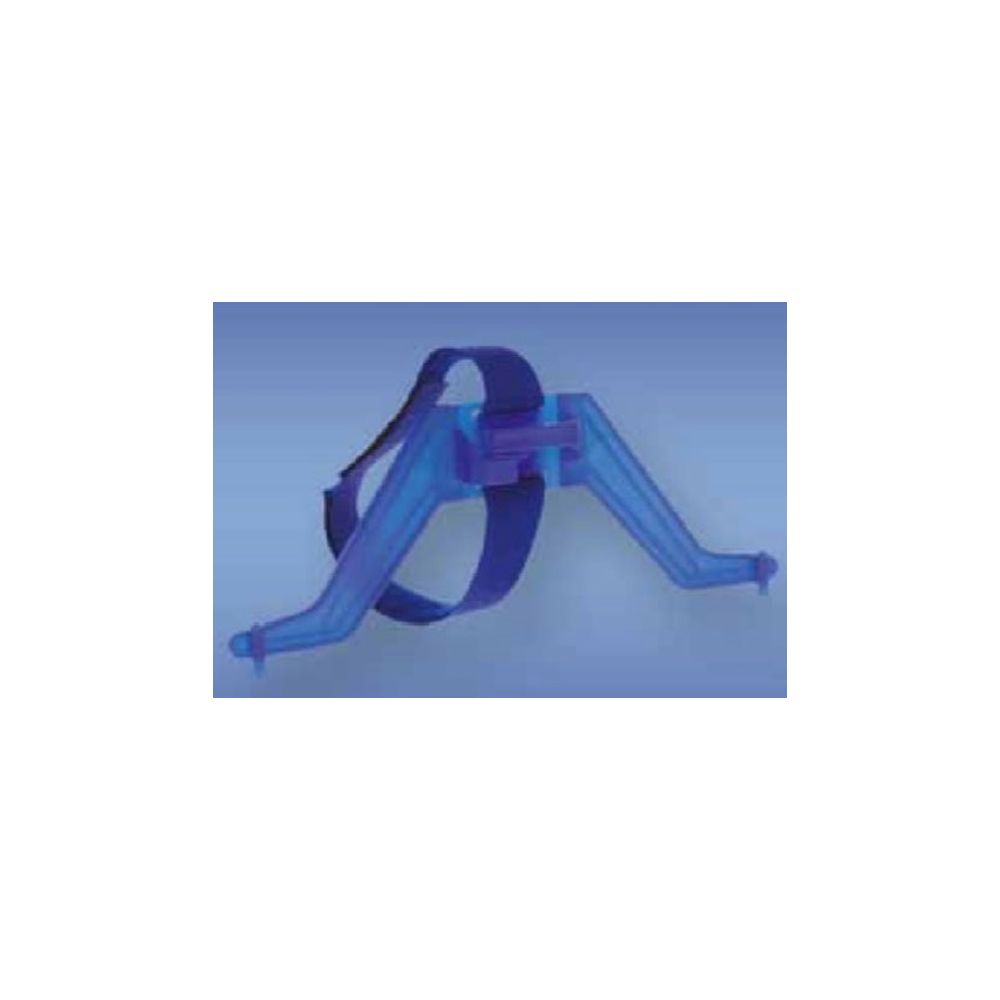 Blauer Urinbeutelhalter. Kunststoff, mit Halteriemen und Halterungen.
