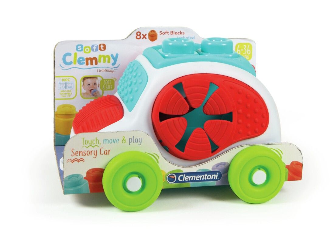 Spielzeugauto mit bunten Elementen und weichen Blöcken. Verpackung mit Produktname und Logo.