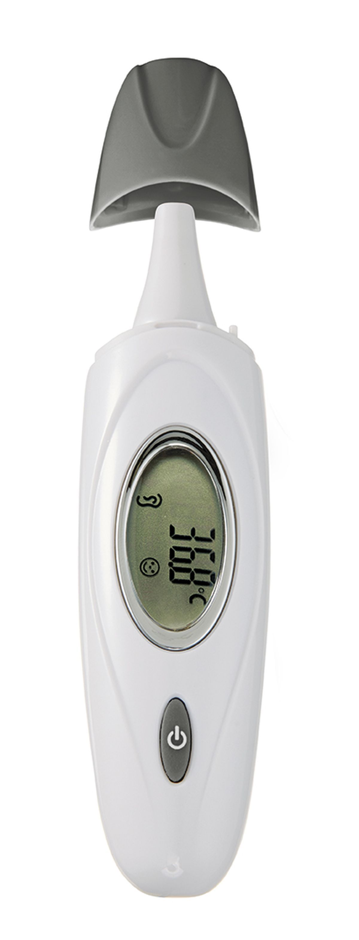 Weißes Infrarot-Thermometer mit grauem Deckel. Ovales Display mit Temperaturanzeige. Ein-Aus-Taste.