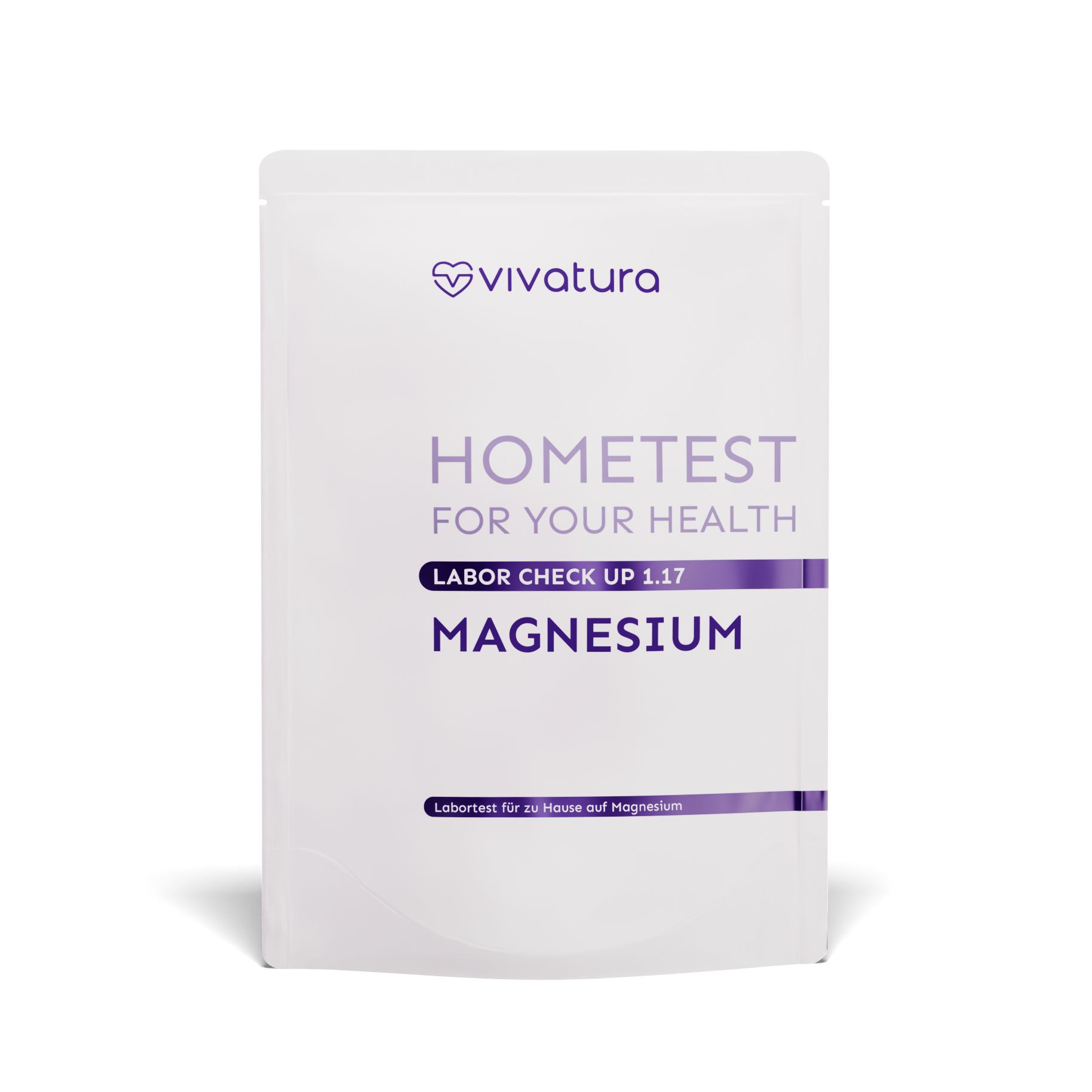 Weißer Beutel mit vivatura® Logo und Aufschrift HOMETEST FOR YOUR HEALTH. MAGNESIUM in lila Schrift. Labor Check Up 1.17.
