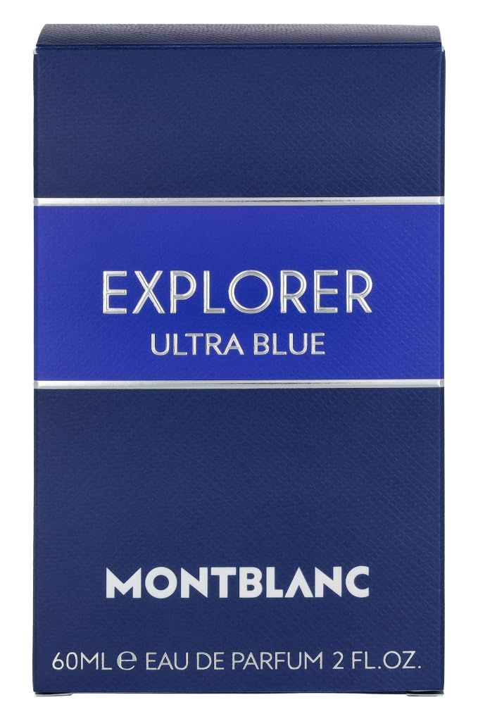 Blauer Karton mit EXPLORER ULTRA BLUE. Montblanc-Logo. 60ml Eau de Parfum. Blaue Textur.