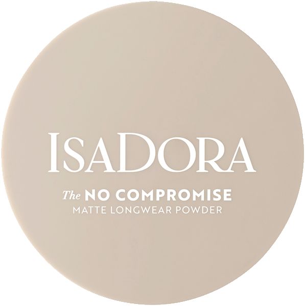 Runder, beigefarbener Behälter mit weißem Schriftzug: IsaDora, The No Compromise Matte Longwear Powder.
