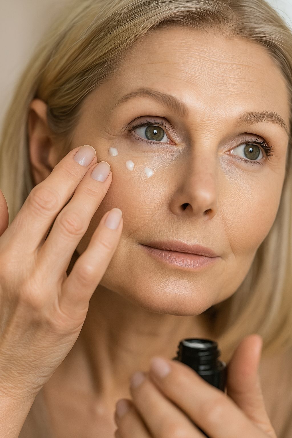 Frau trägt Creme unter den Augen auf. Kleine Cremepunkte auf der Haut.