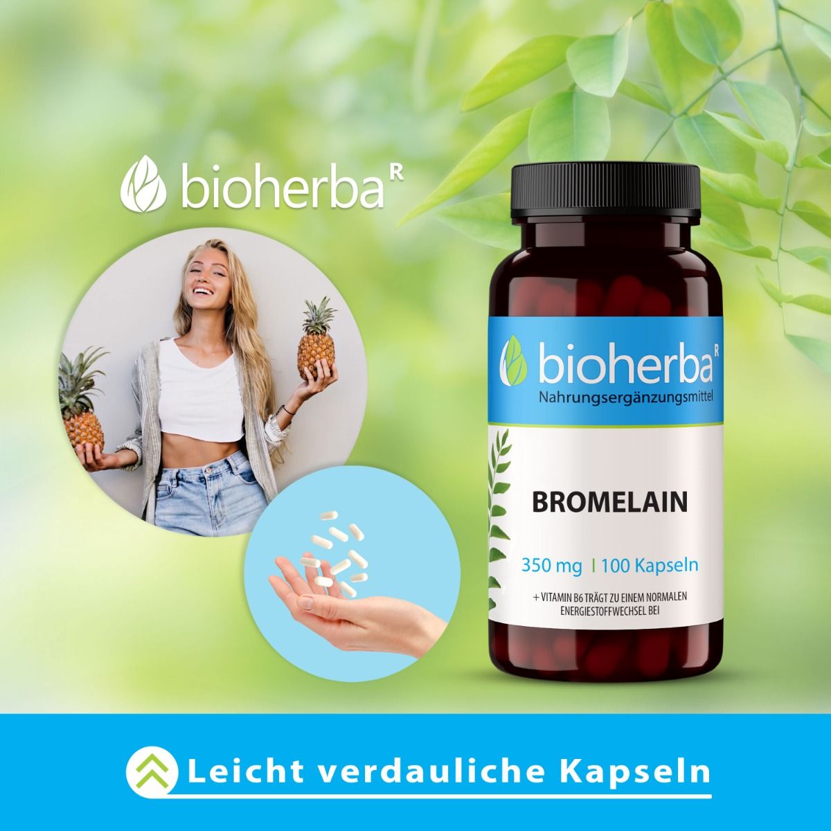 Braune Glasflasche mit schwarzen Deckel. Aufkleber mit blauem Streifen, weißer Schrift: Bioherba, Bromelain, 350 mg, 100 Kapseln. Frau mit Ananas.