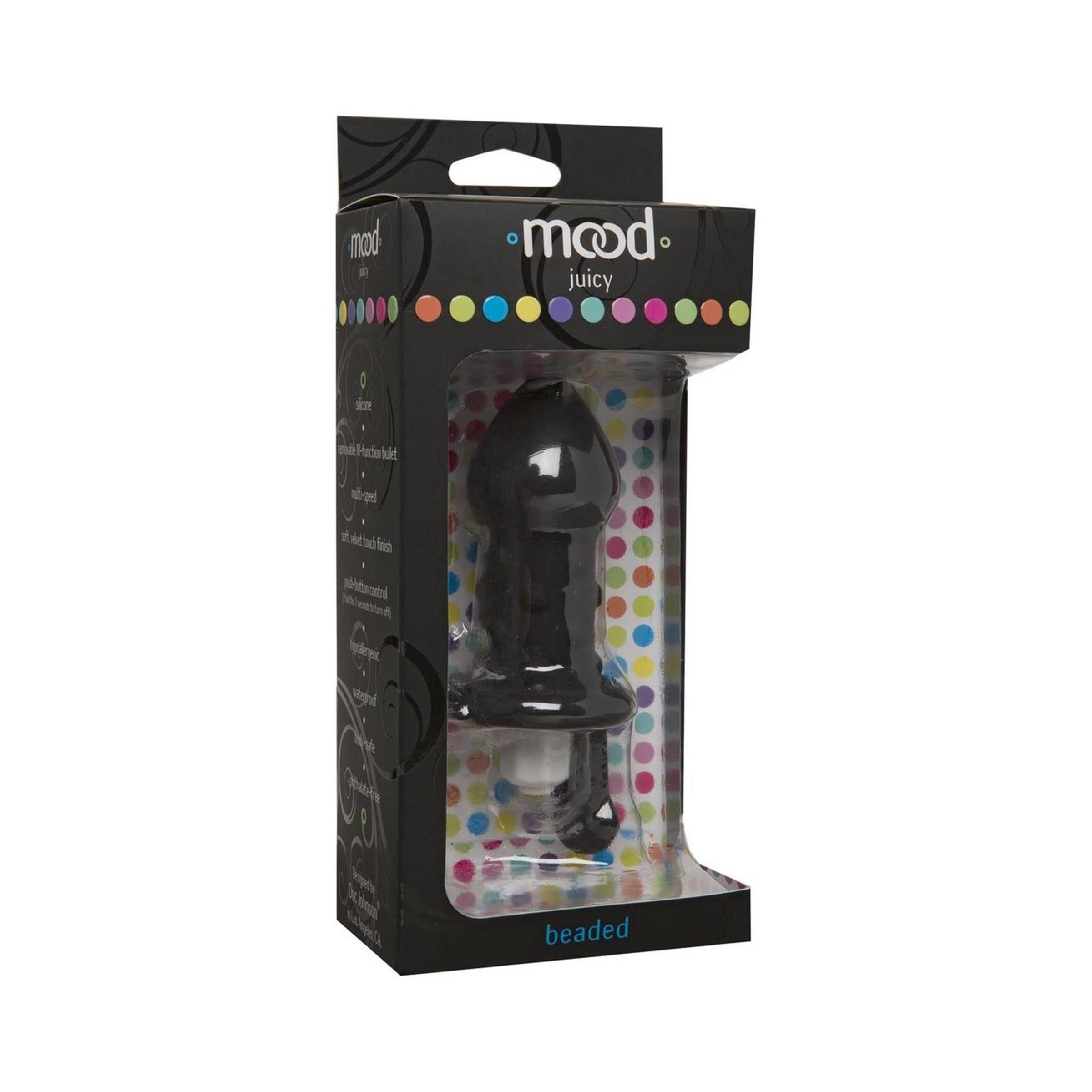 Schwarzer Butt Plug in Verpackung. Sichtbar: Marke, Produktname, Perlenstruktur.