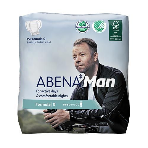 Verpackung von Abena Man Formula 0. Aufdrucke: Logo, Mann, 15 Stück, FSC-Siegel, dermatologisch getestet. Mann auf Fahrrad.