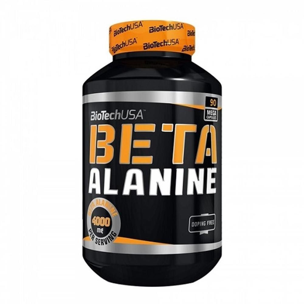 Schwarze Flasche mit orangefarbenem Deckel. Aufschrift "BioTechUSA Beta Alanine". Enthält 90 Kapseln. "Doping Free".