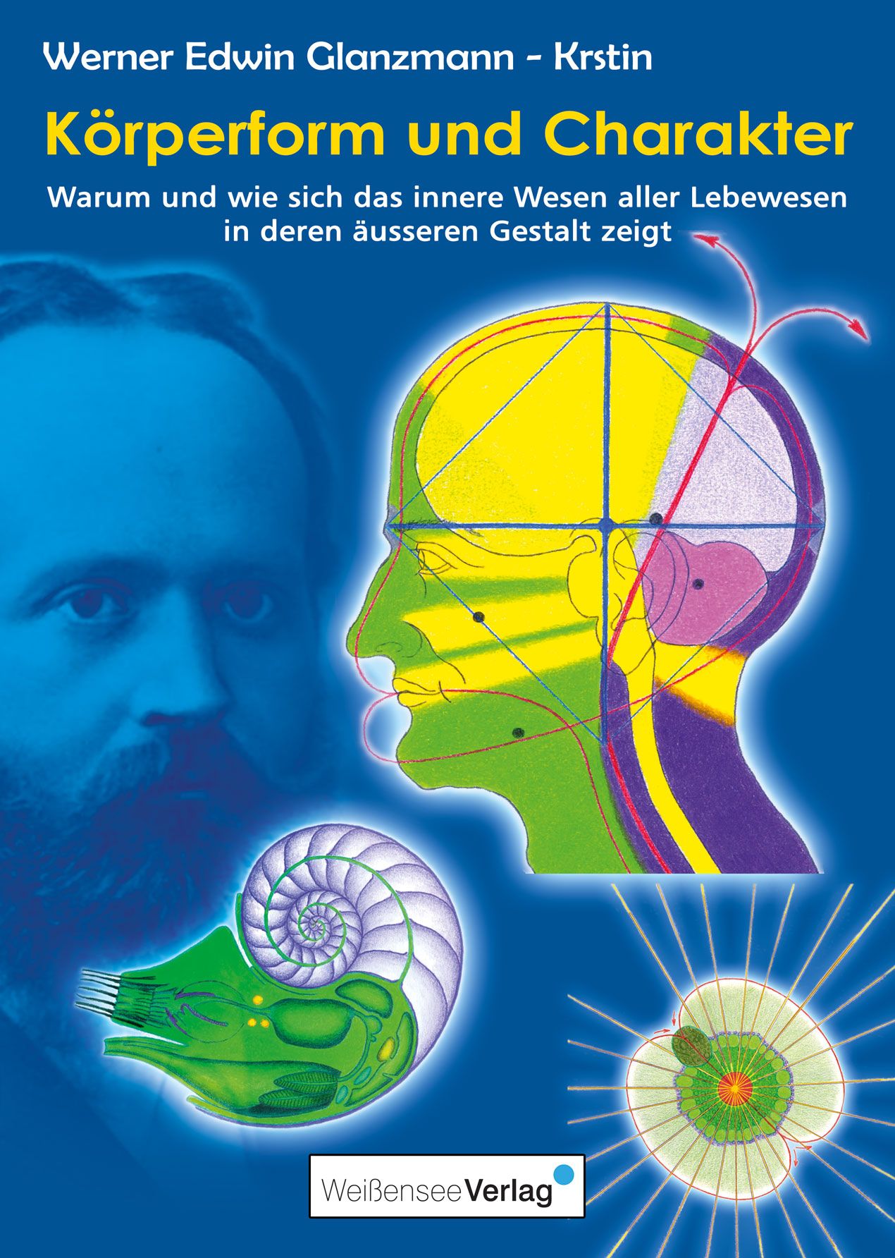Buchcover: "Körperform und Charakter". Titel in Gelb. Illustrationen: Profil, Schnecke, Zelle. Autoren: Glanzmann, Krstin.