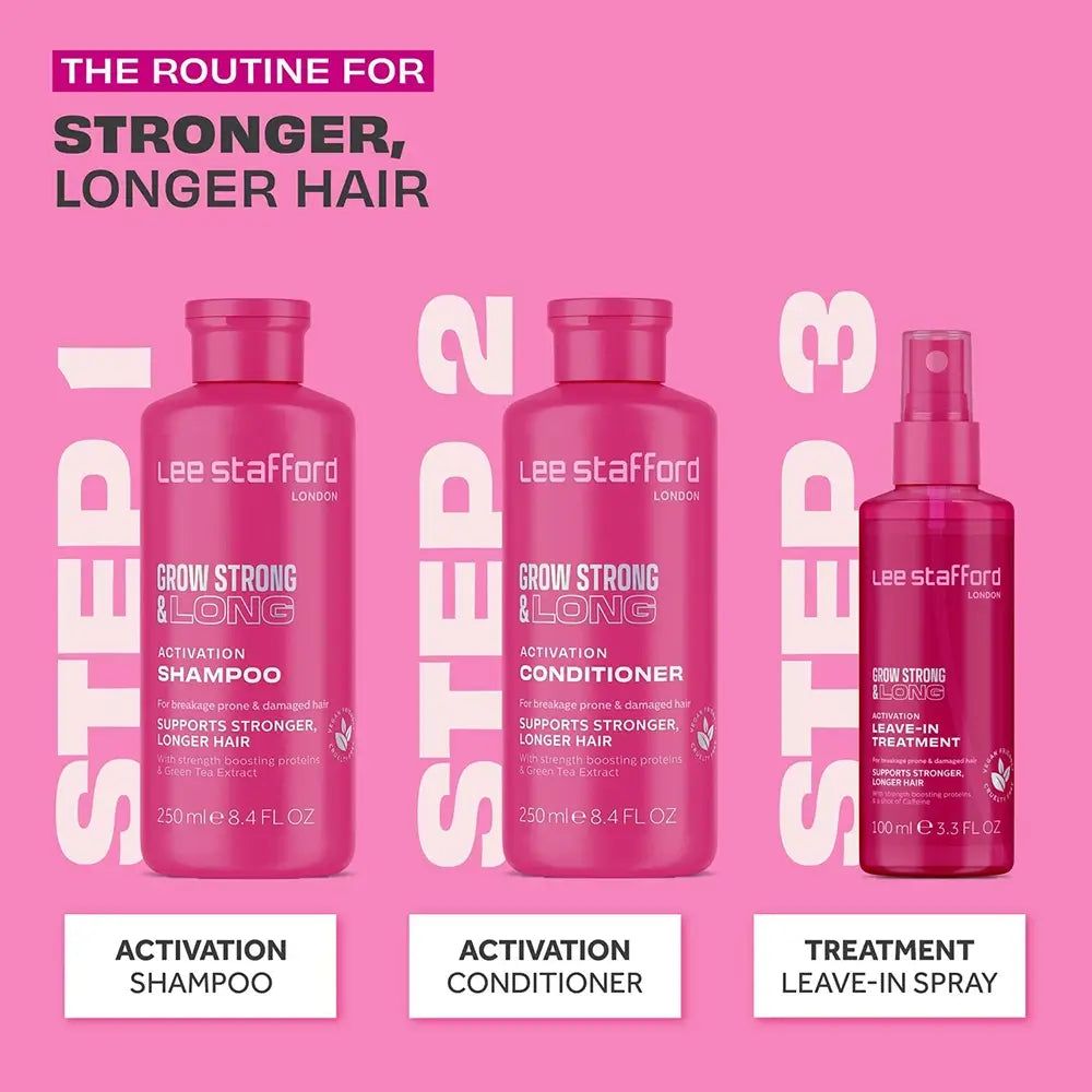 Drei Lee Stafford Produkte: Shampoo, Conditioner und Leave-in Spray für stärkeres, längeres Haar.