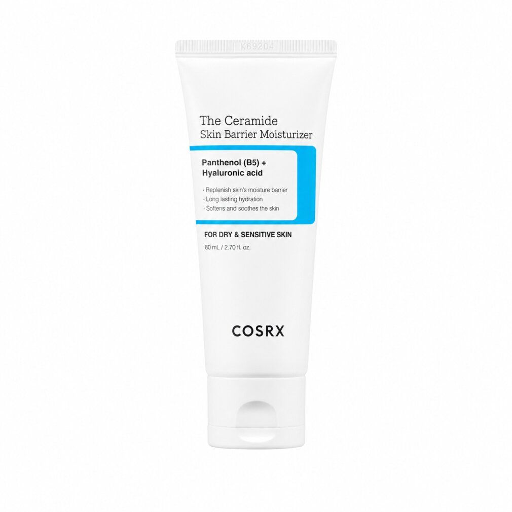 Weiße Tube der COSRX Ceramid-Hautbarriere-Feuchtigkeitscreme mit blauer Beschriftung.