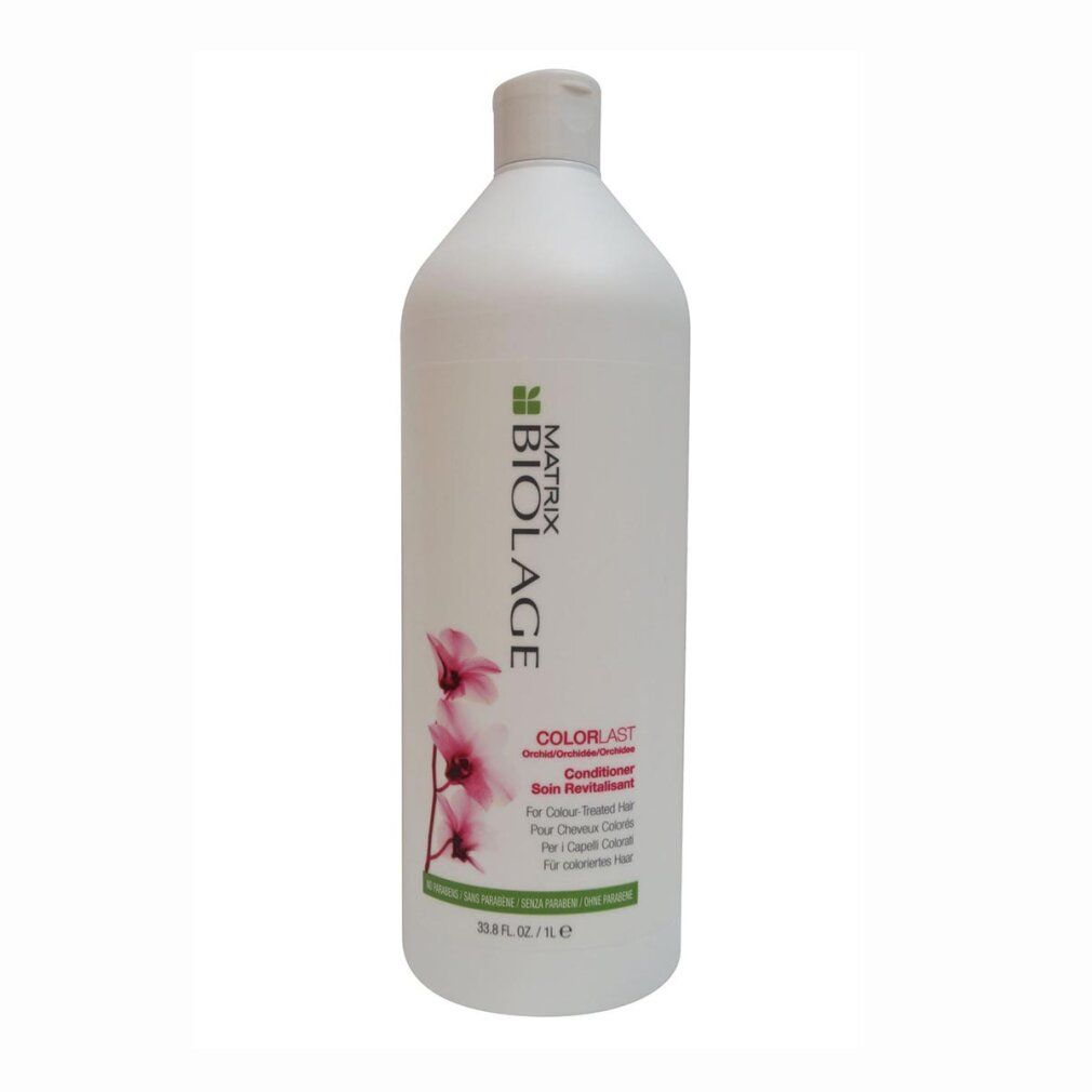 Weiße Flasche mit grünem und rosa Etikett. Aufschrift: Biolage, Colorlast, Conditioner. Enthält eine Abbildung einer Blume.
