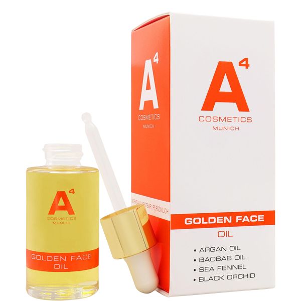 Flasche und Verpackung von A4 Cosmetics Golden Face Oil. Flasche mit Pipette. Verpackung mit Inhaltsstoffen: Arganöl, Baobaböl, Fenchel, Schwarze Orchidee.