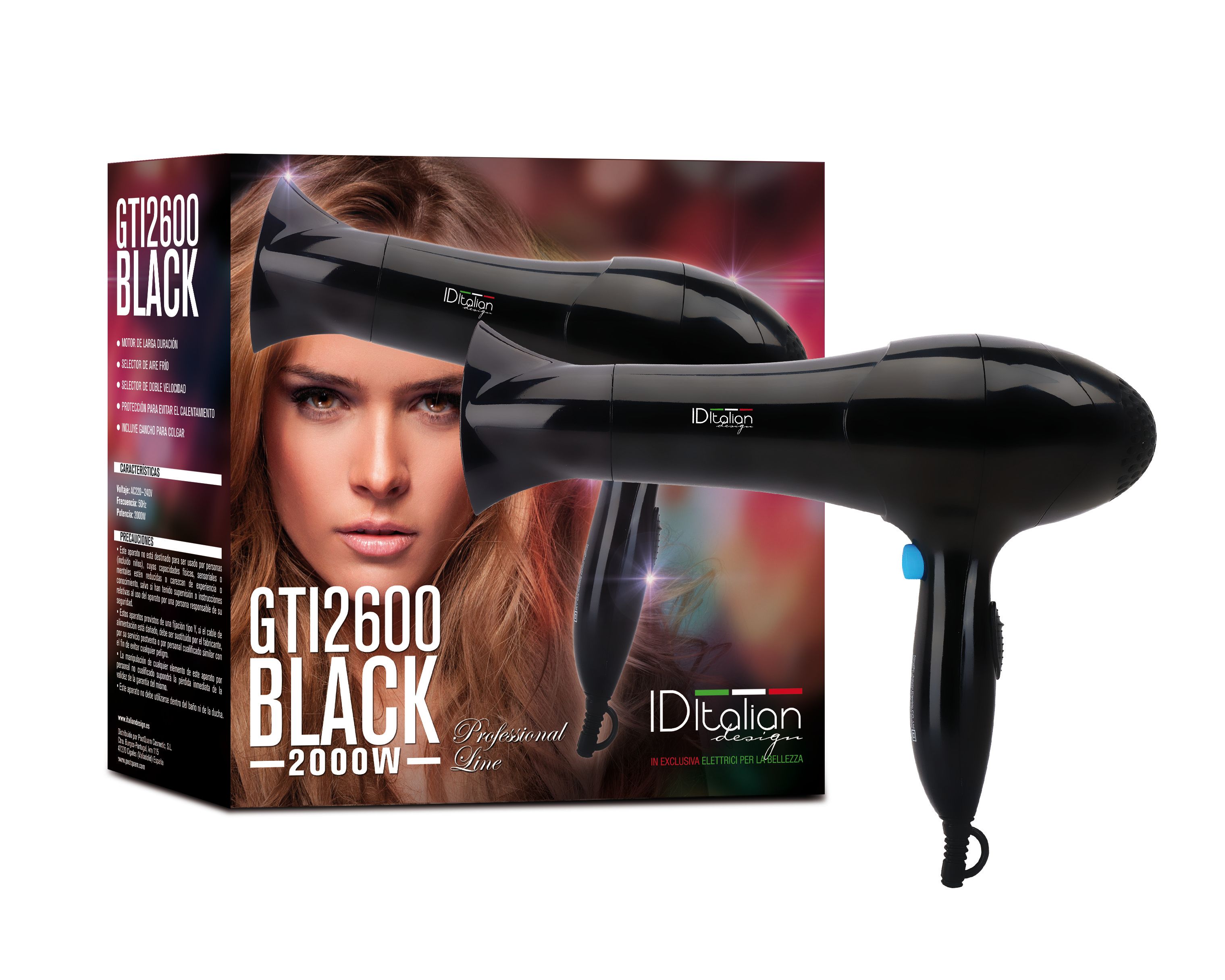 Schwarzer Haartrockner "GTI2600 BLACK 2000W" neben seiner Verpackung mit Frauenporträt. "IDItalian" Logo.