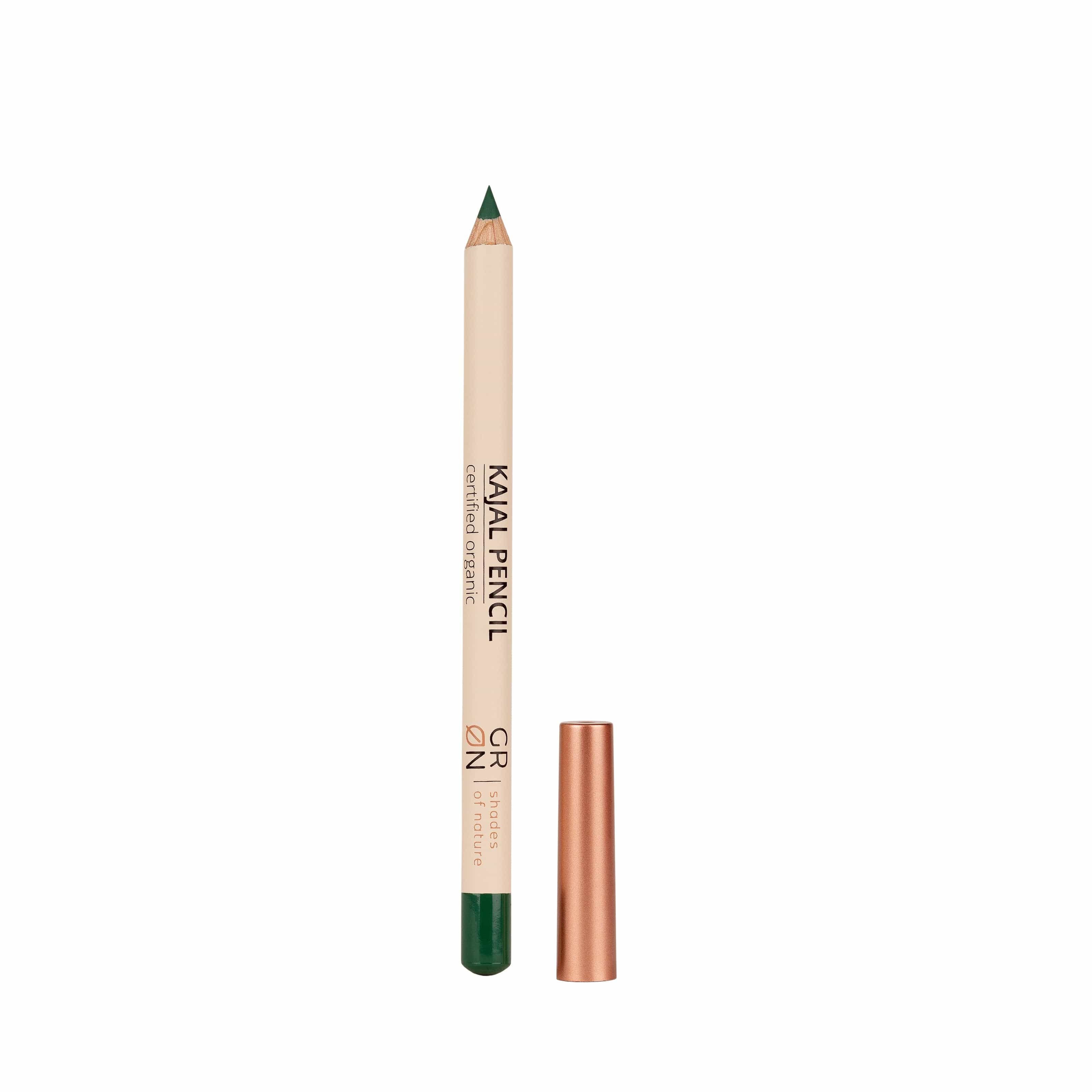 Kajalstift mit grüner Spitze und kupferfarbener Kappe. Aufschrift: Kajal Pencil, GRN. Zertifiziertes Bio-Produkt.