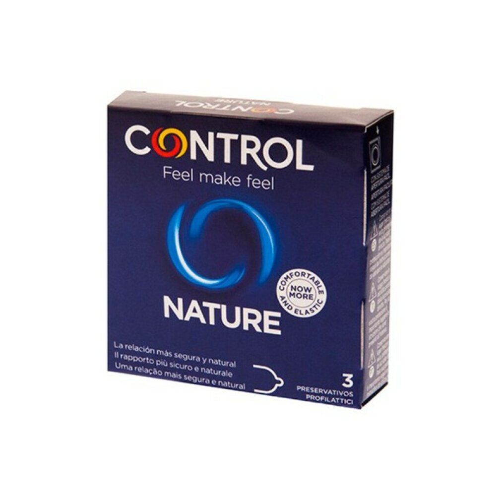 Packung Control Nature Kondome, 3 Stück. Vorderseite der blauen Verpackung mit Logo und Produktnamen.
