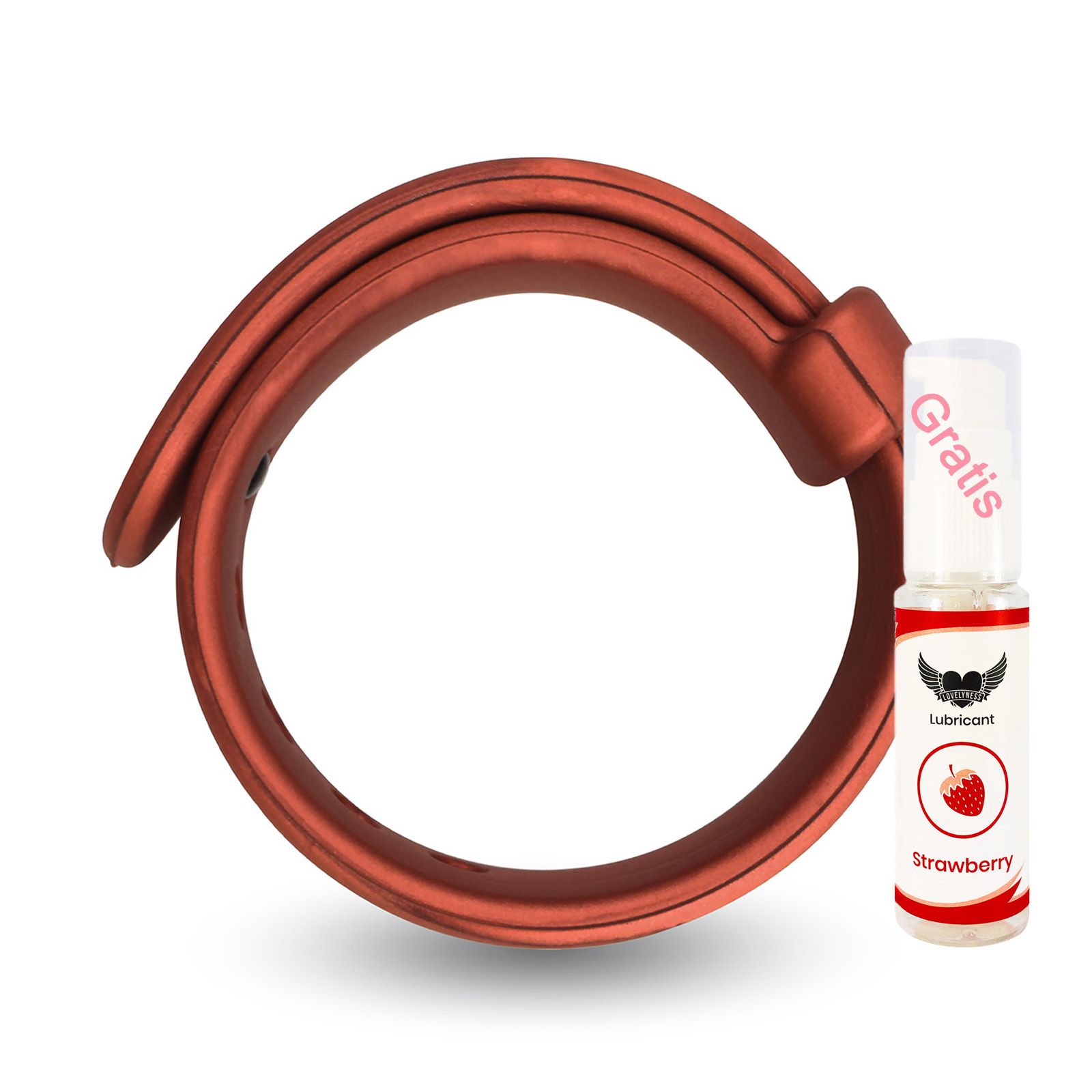 Roter Penisring aus Silikon mit verstellbarer Größe. Neben dem Ring eine Flasche mit Erdbeer-Gleitmittel.