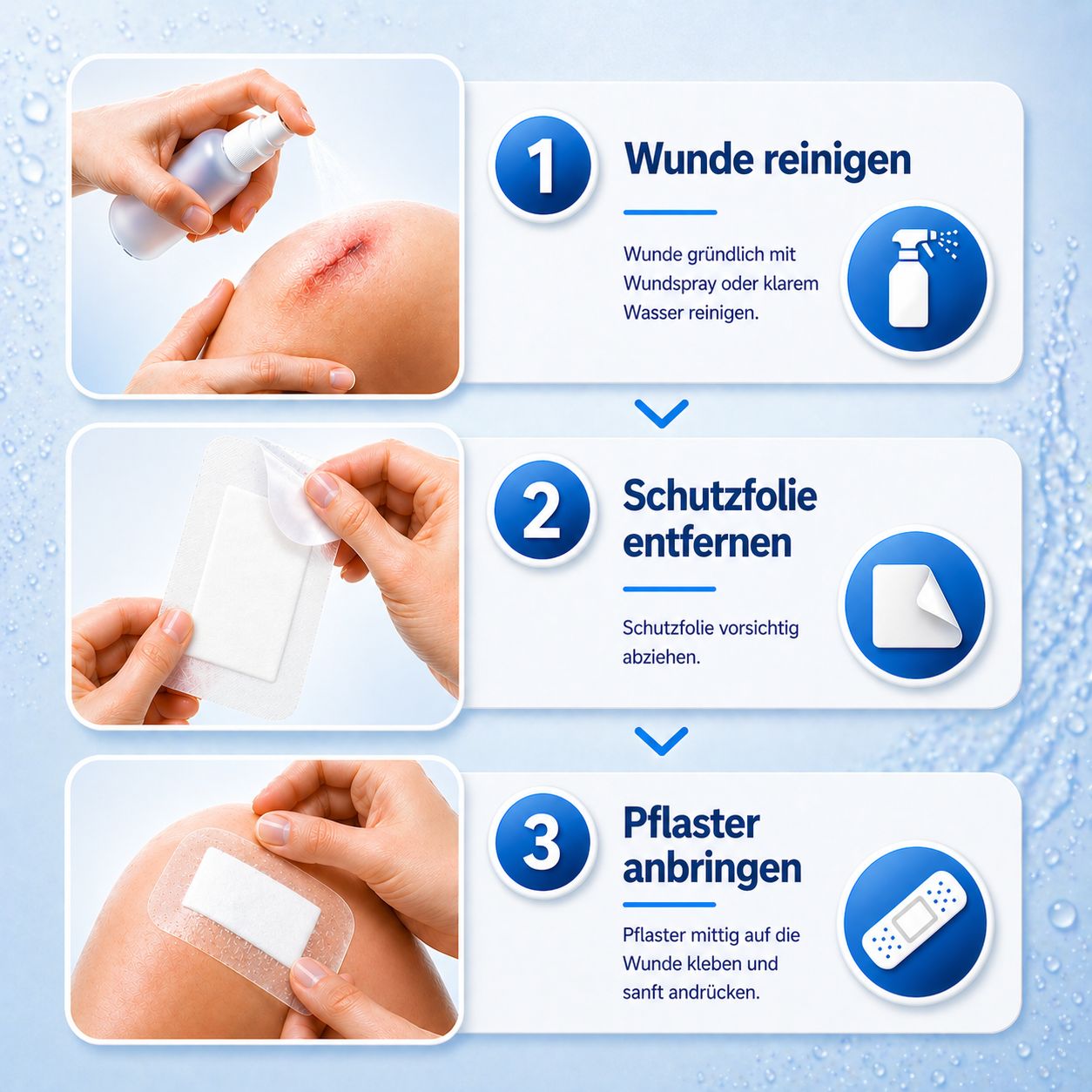 Anwendungsschritte für Health Press Wundpflaster: Wunde reinigen, Schutzfolie entfernen, Pflaster anbringen.