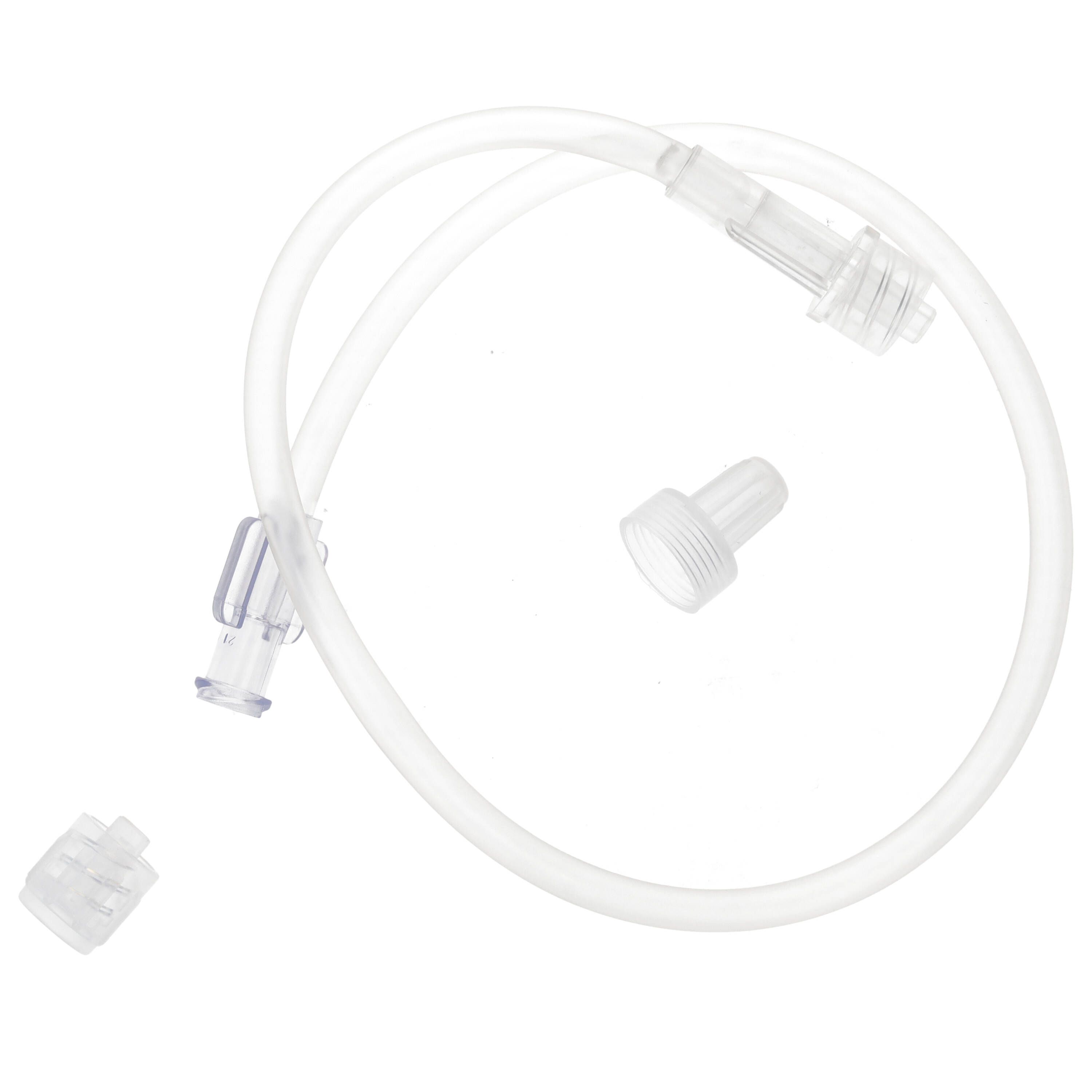 Transparente Verlängerungsleitung mit zwei Anschlüssen und zwei separaten Kappen. Einzelteile liegen verstreut.