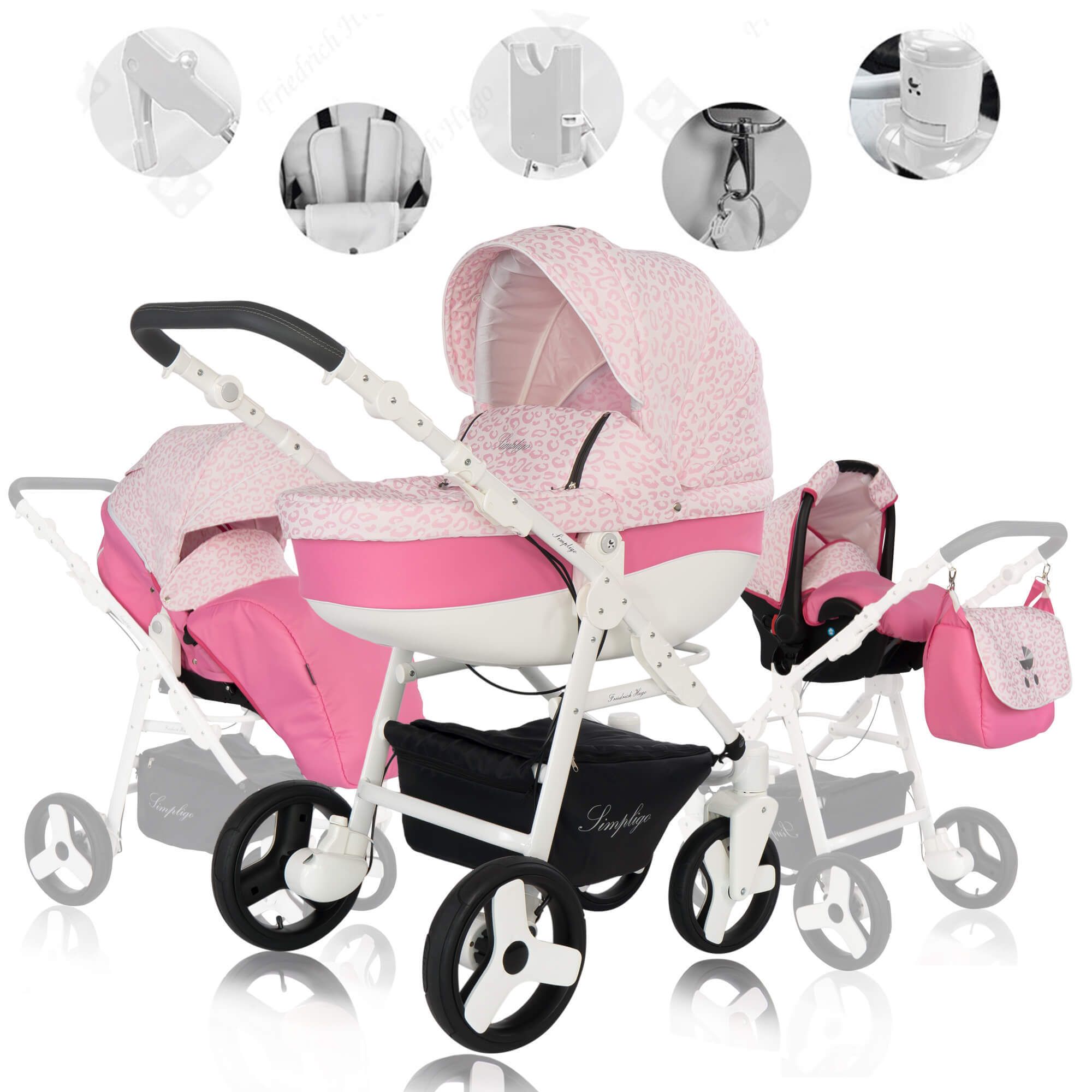 Friedrich Hugo Simpligo 4 in 1 Kinderwagen mit original Maxi Cosi, Leopard Pink (Stoff)