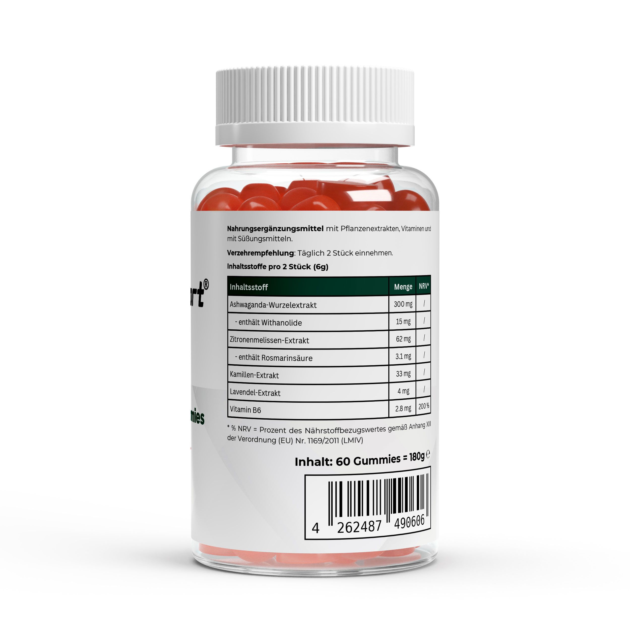 Klare Flasche mit roten Gummibärchen. Weißes Etikett mit Inhaltsstoffen und Nährwertangaben. Enthält 60 Gummies.