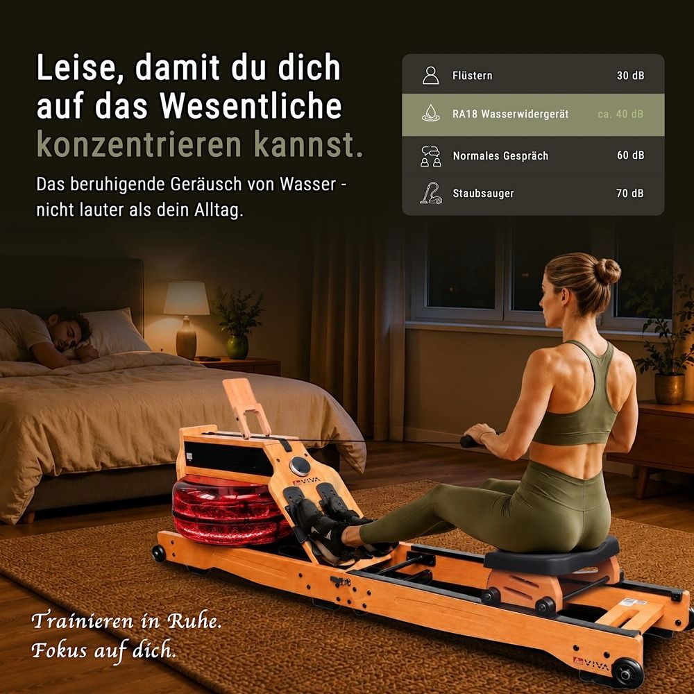 Frau trainiert auf Rudergerät in Schlafzimmer, leiser Betrieb.