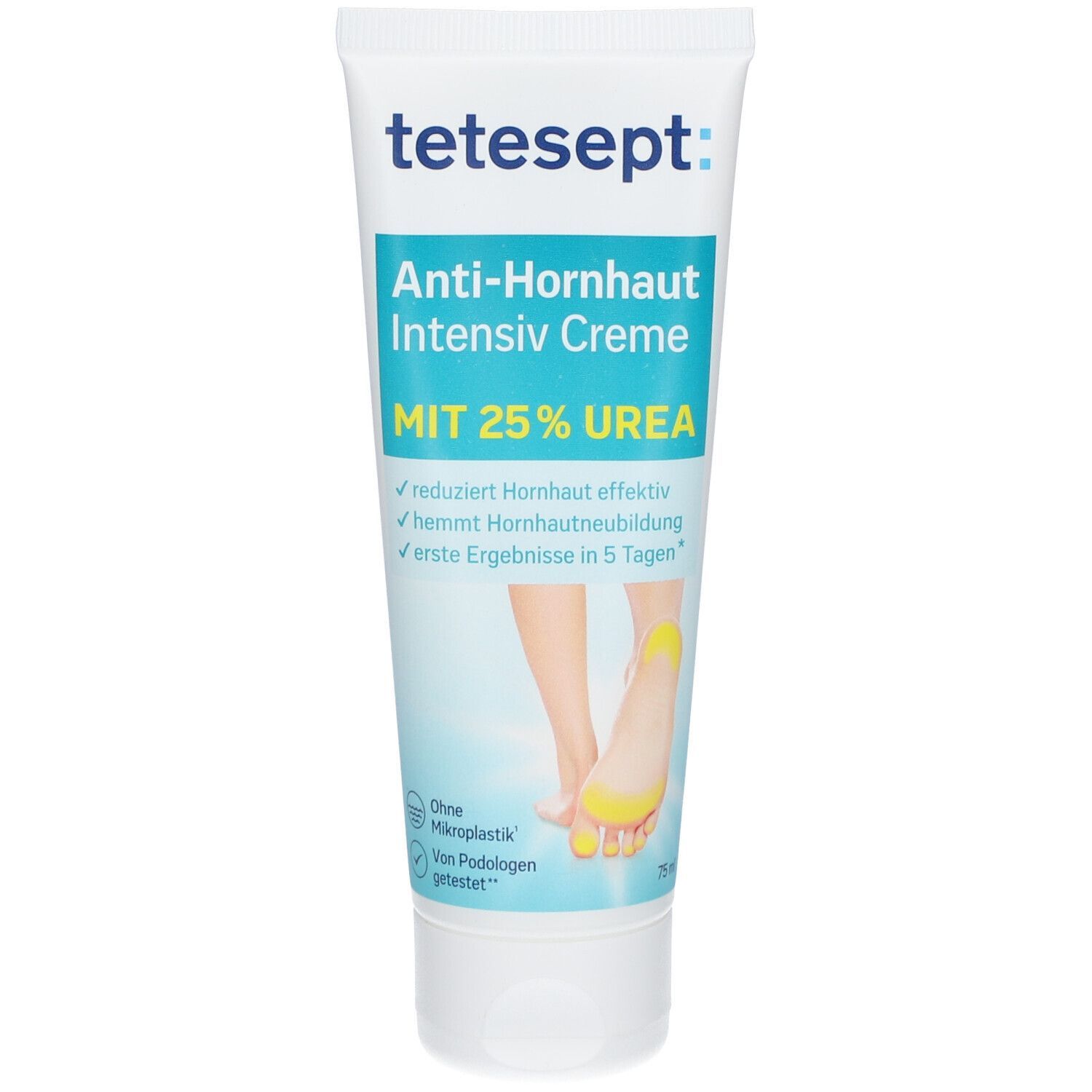 Tube tetesept® Anti-Hornhaut Intensiv Creme. Enthält 25% Urea. Zeigt Füße mit glatter Haut.