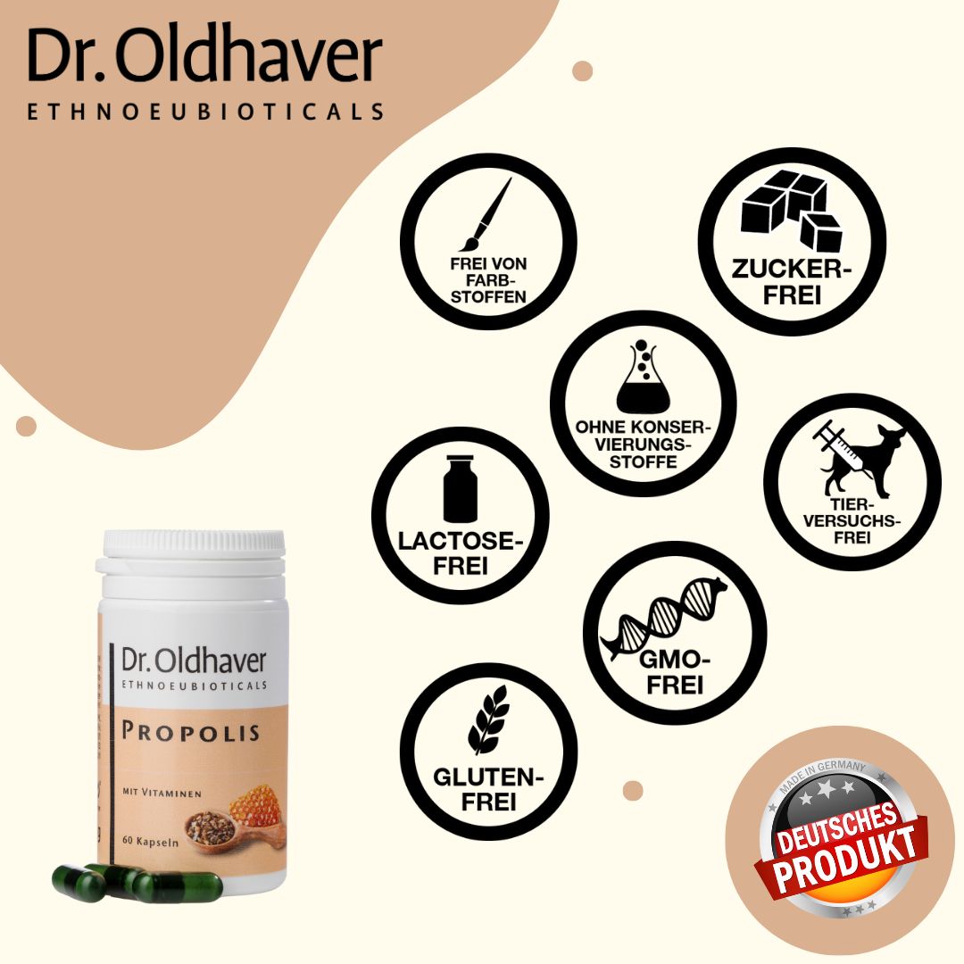 Produktabbildung: Dr. Oldhaver Propolis Kapseln. Symbole: Frei von Farbstoffen, Zucker, Konservierungsstoffen, etc. Deutsches Produkt-Siegel.