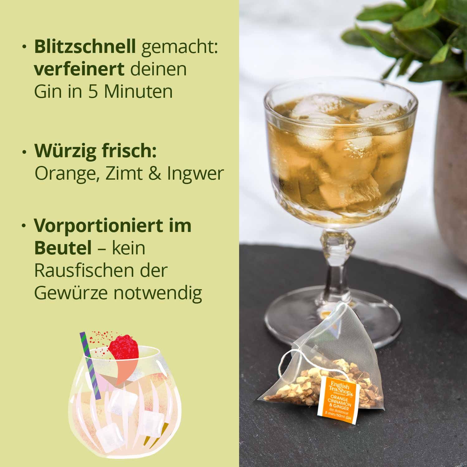 Glas mit Eiswürfeln und Teebeutel. Text: Orange, Zimt & Ingwer. Gin-Zubereitung.