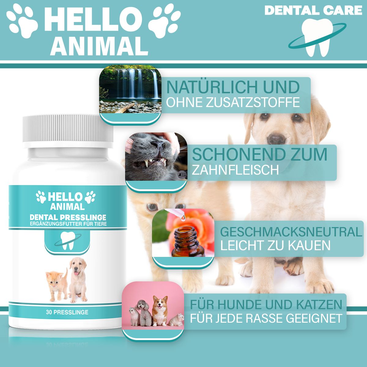 Produktflasche neben Bildern von Hunden und Katzen. Text: "HELLO ANIMAL", "DENTAL PRESSLINGE".
