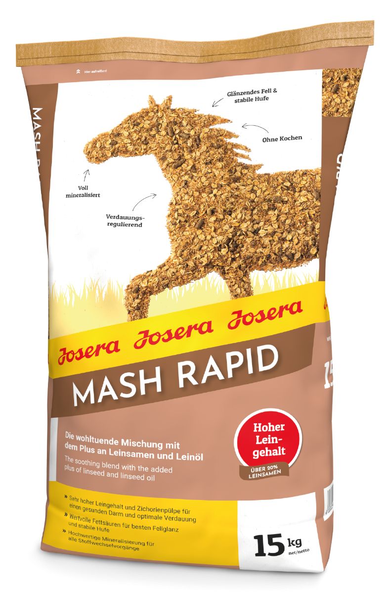Beutel JOSERA Mash Rapid. Braune Verpackung mit Produktabbildung. Text: Mash Rapid, 15 kg, hoher Leingehalt.