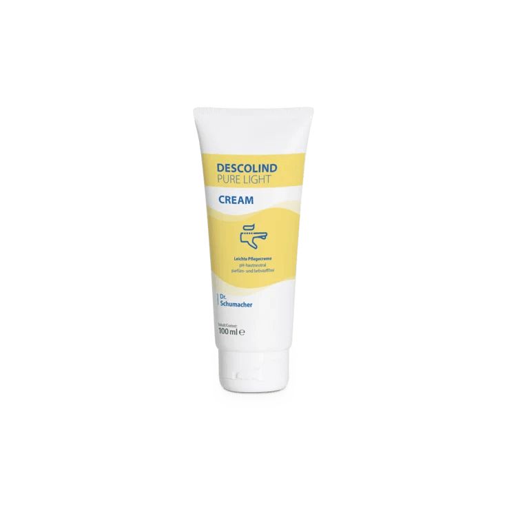 Creme-Tube, weiß mit gelbem Streifen. Aufschrift: DESCOLIND PURE LIGHT CREAM. Logo: Hand mit Tropfen. 100 ml.