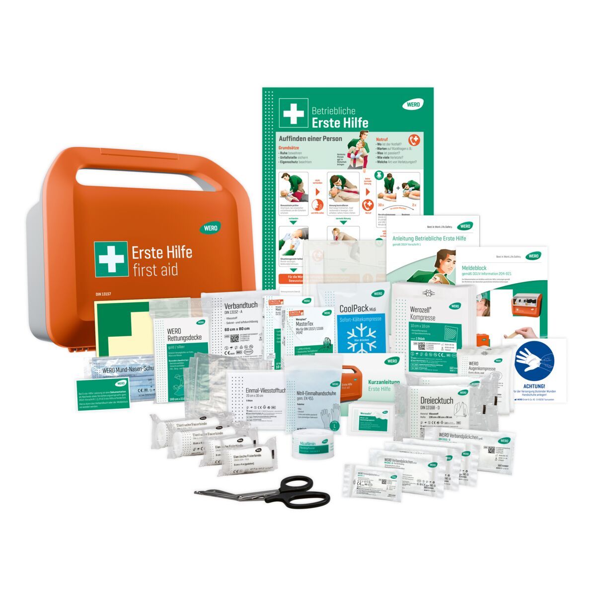 Erste-Hilfe-Koffer, orange mit grünem Kreuz. Enthält Verbandsmaterial, Schere, Broschüren und Kühlpack. Aufschrift: Erste Hilfe.