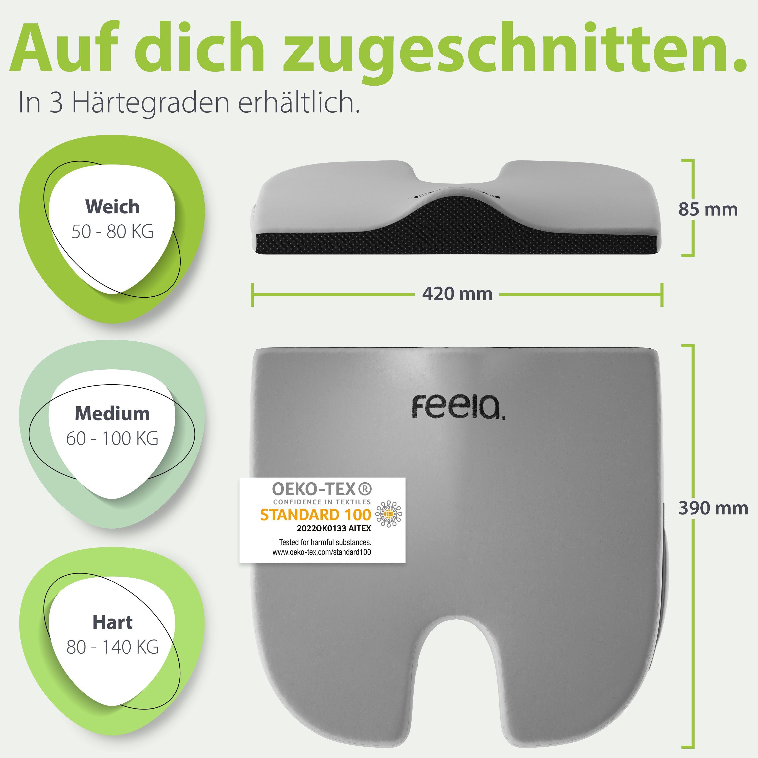 Graues Keilkissen mit Maßen. Text: In 3 Härtegraden erhältlich. Oeko-Tex Standard 100 Zertifizierung. Markenname feela. sichtbar.