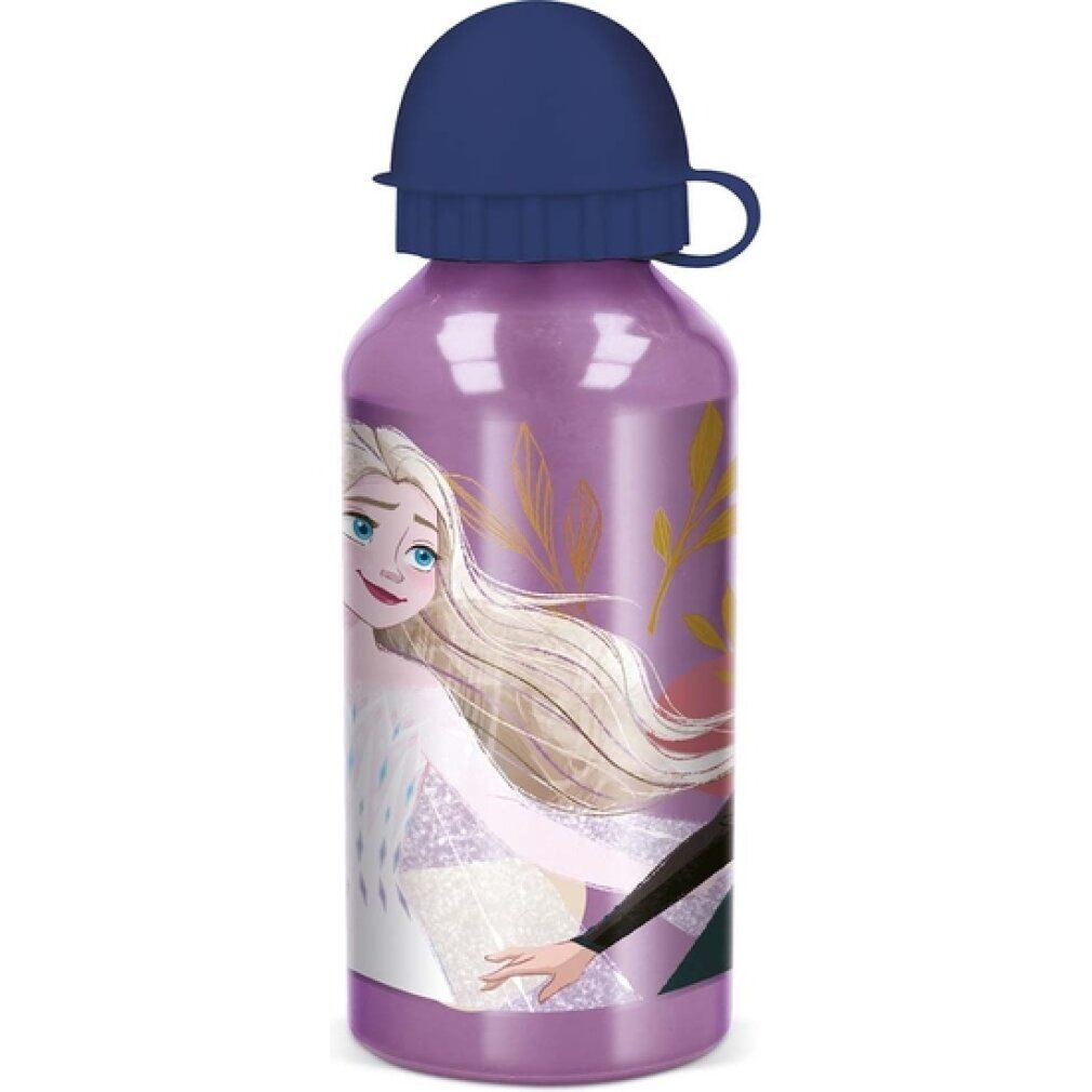 Violette Aluminiumflasche mit blauem Deckel. Aufdruck mit Elsa aus dem Film Frozen. Flasche mit Schraubverschluss.