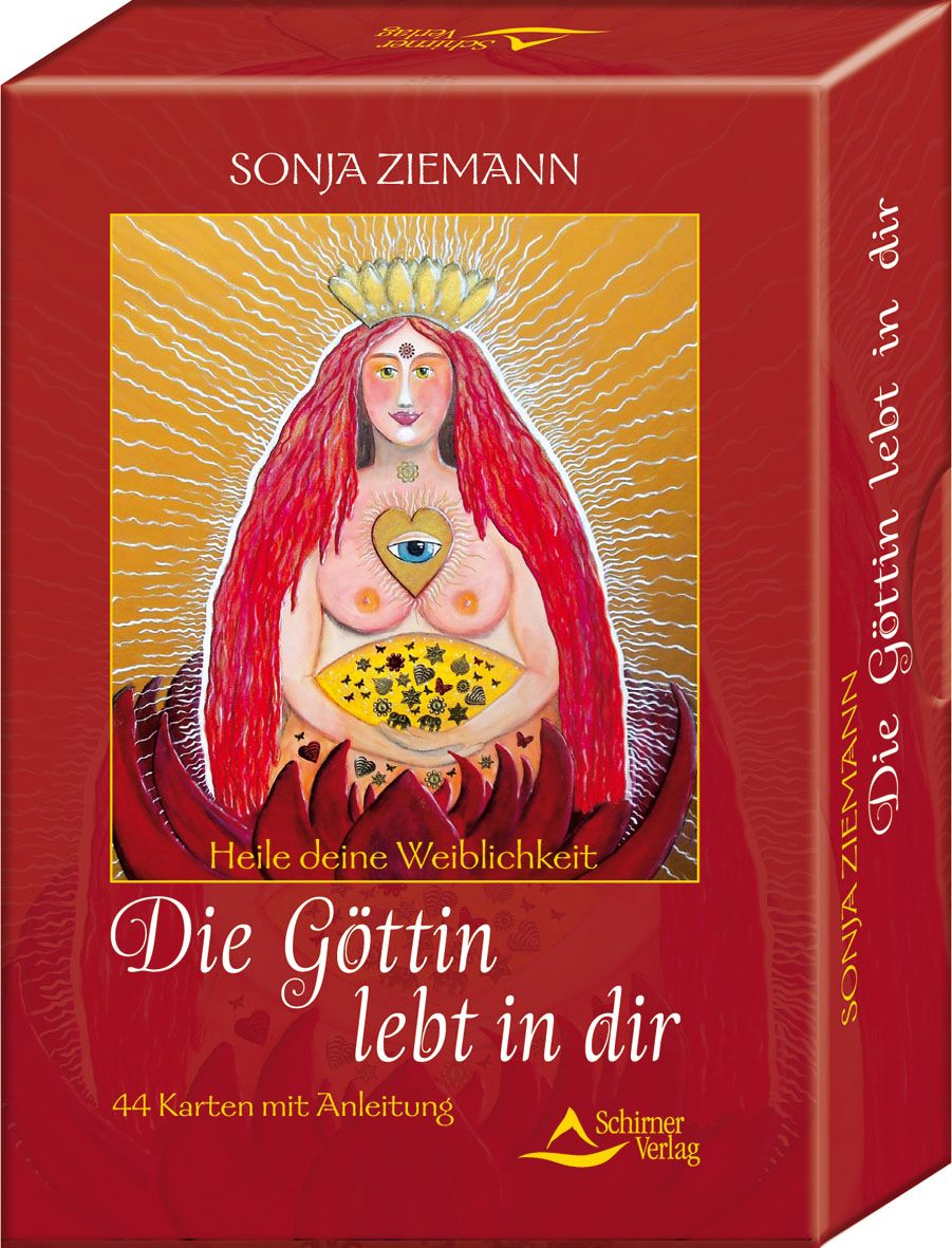 Kartenbox. Titel: Die Göttin lebt in dir. Autorin: Sonja Ziemann. Illustration einer Frau mit Herz-Auge. 44 Karten mit Anleitung.