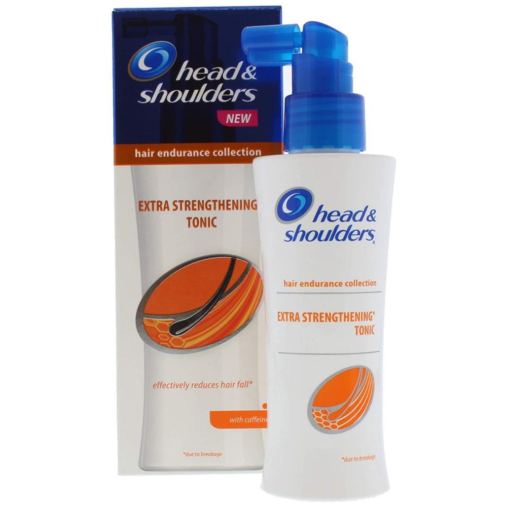 Weißes Fläschchen mit blauem Pumpkopf und Karton. Aufschrift: Head & Shoulders, Extra Strengthening Tonic. Haardarstellung.