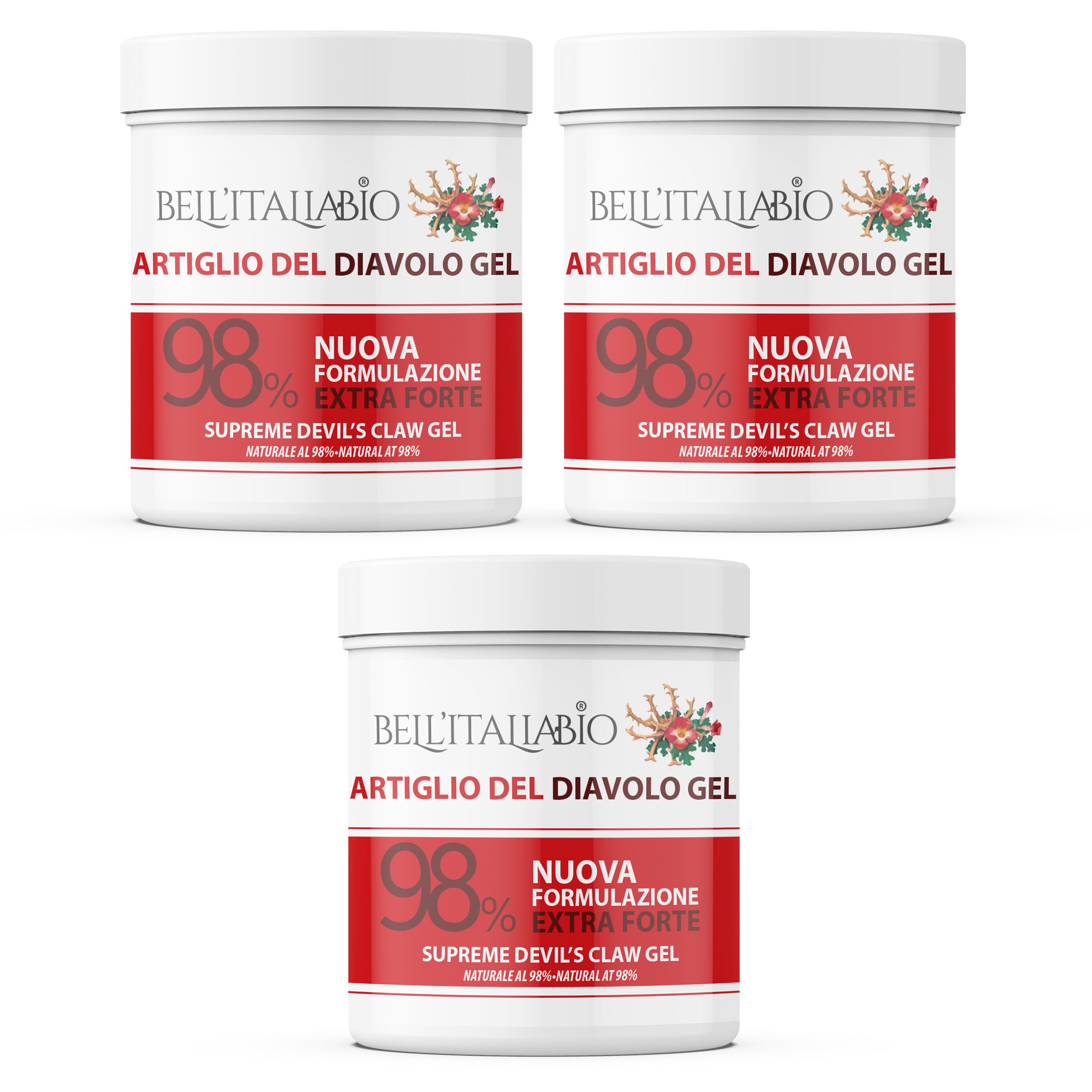 Drei weiße Tiegel mit roter Banderole. Aufschrift: Bell'Italiabio, Artiglio del Diavolo Gel, 98%, Extra Forte. Produktname und Marke sichtbar.